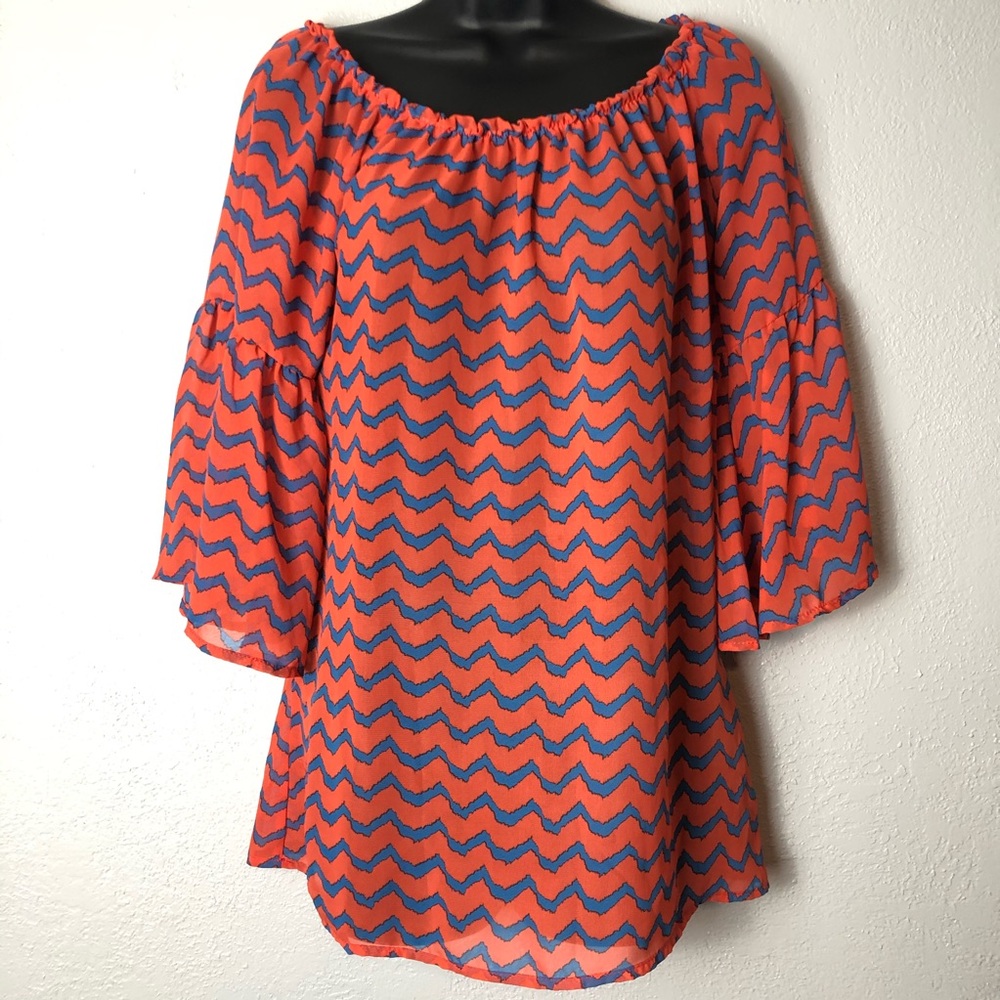 VOLL Orange geometric chevron boho sheer shirt S